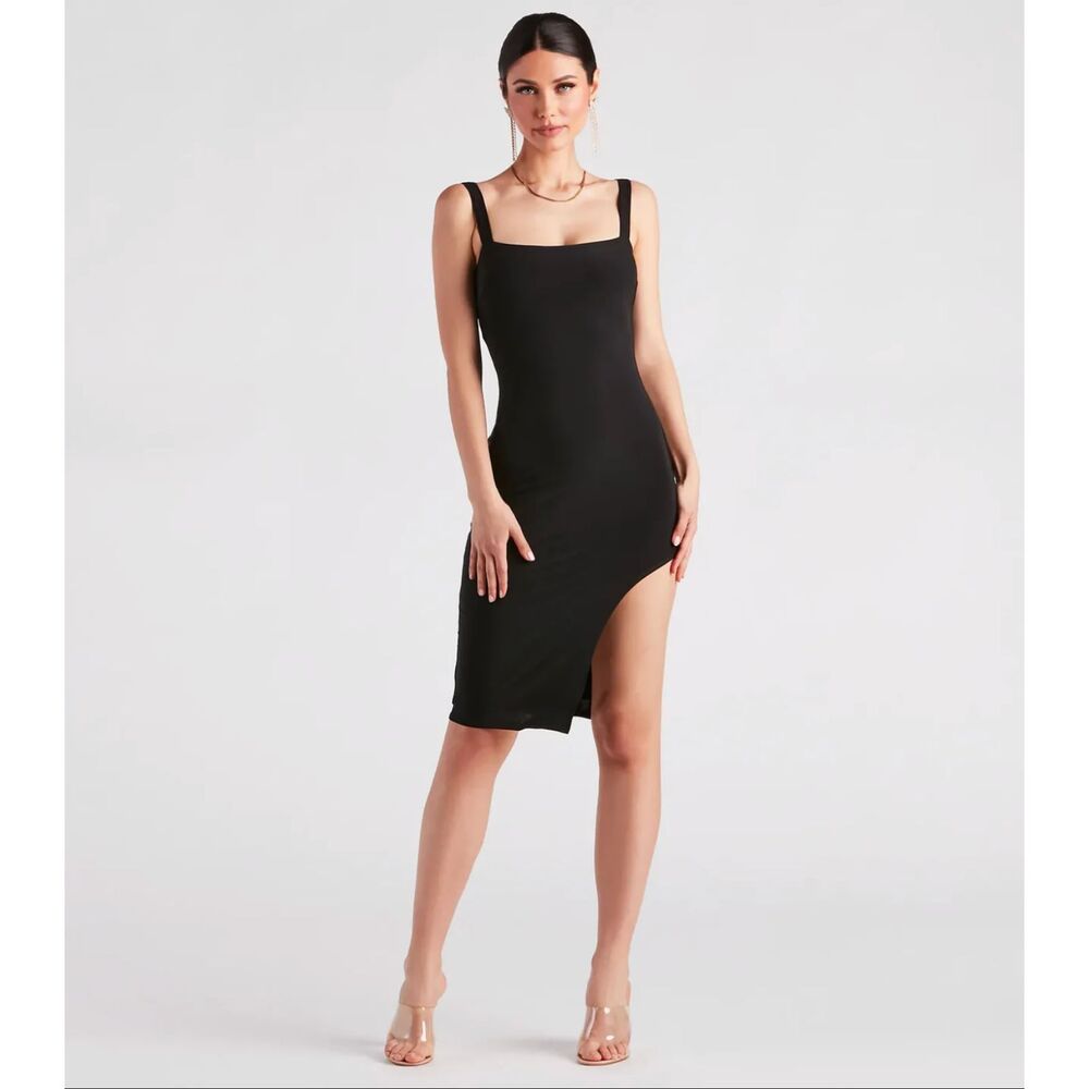 Windsor Date Night Allure Side Slit Midi Dress in Black NWT